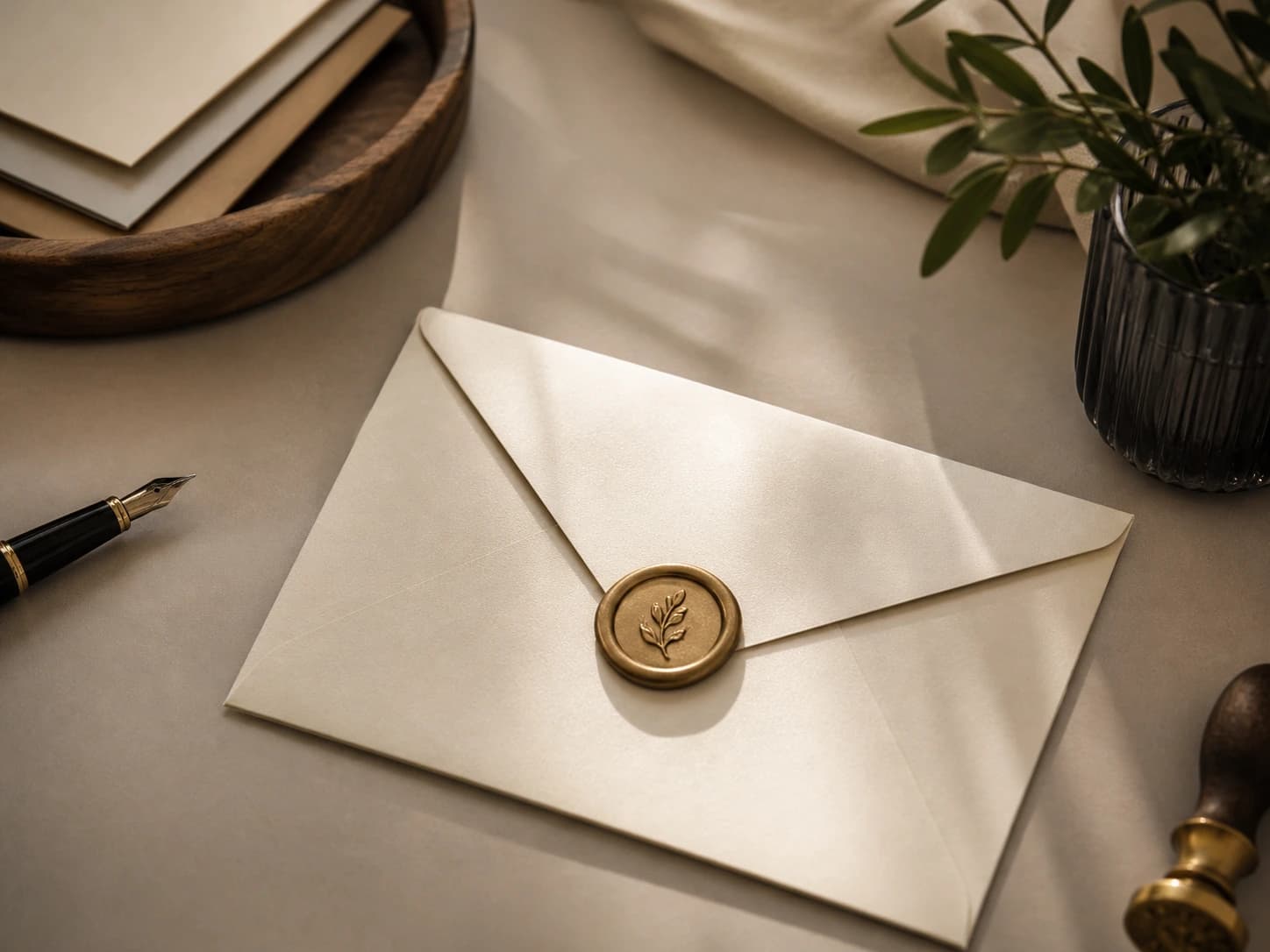 A sealed private letter on a minimal desk with a calm, intimate atmosphere